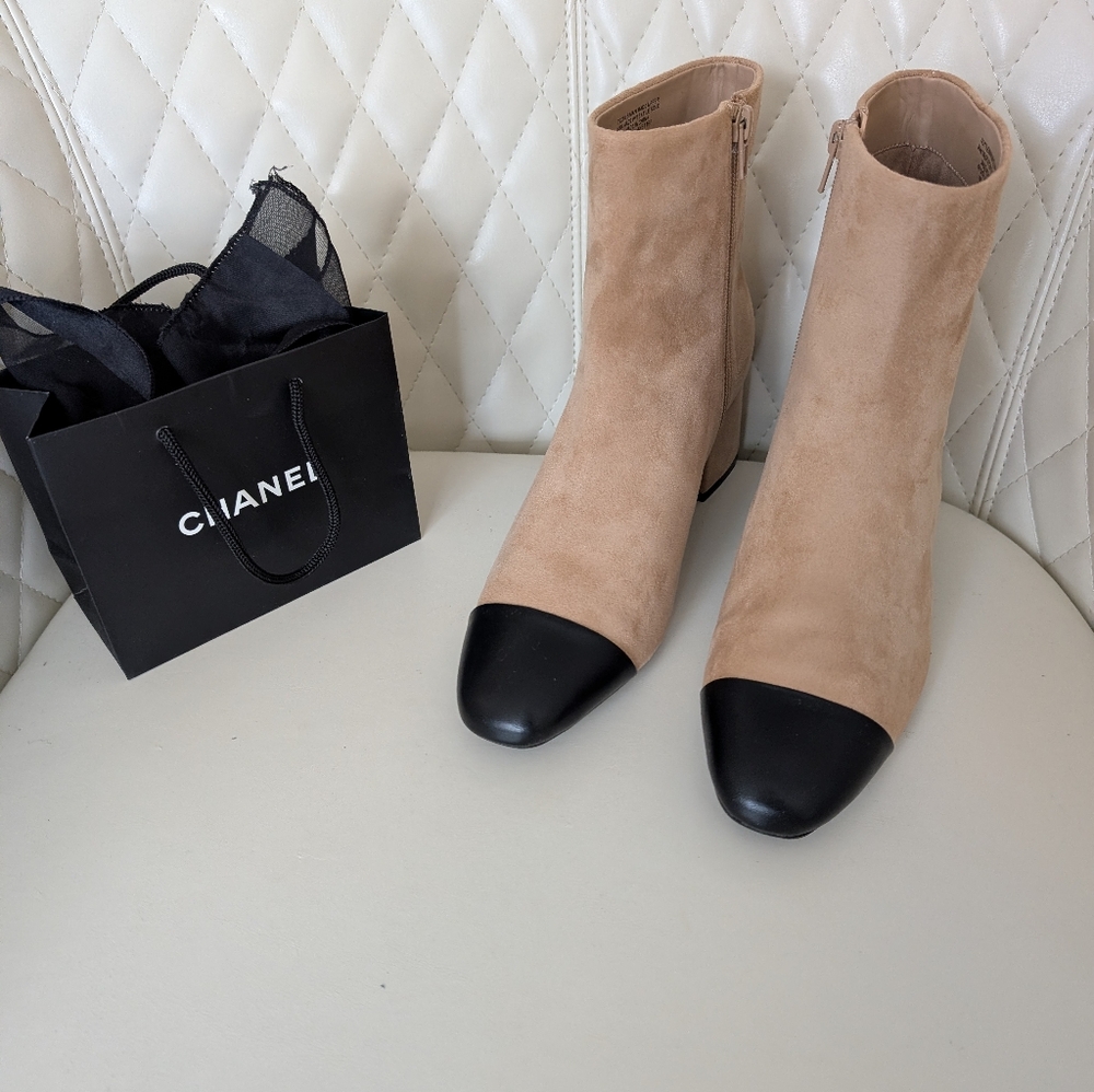 SALE! On 34th Brand. Tan Suede &  Leather Ankle Boots with Black Cap Toe.